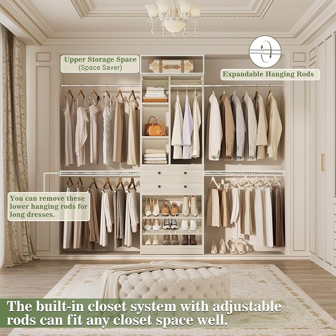 Besiost Closet System, 4.2–8.8 FT Closet Organizer with 2 Wooden Drawers and Shelves, Walk-in Closet System with 5 Hang Rods, Built-in Reach in Closet Tower, Can Fit 60 to 96 inch, Greige Oak