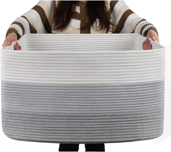 OIAHOMY Large Blanket Basket, 22”x17”x12” Laundry Baskets, Nursery Blanket Storage Living Room, Toy Storage With Handle, Rectangle Woven Baskets-Gradient Grey