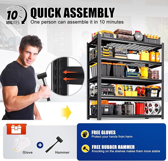 6 Pack Garage Shelving 5-Tier Heavy Duty Storage Shelves, Tool-Free Adjustable Metal Shelf Unit, Utility Organizer Rack for Basement, Pantry, Kitchen, Warehouse, 59" W x 19.7" D x 72" H Black
