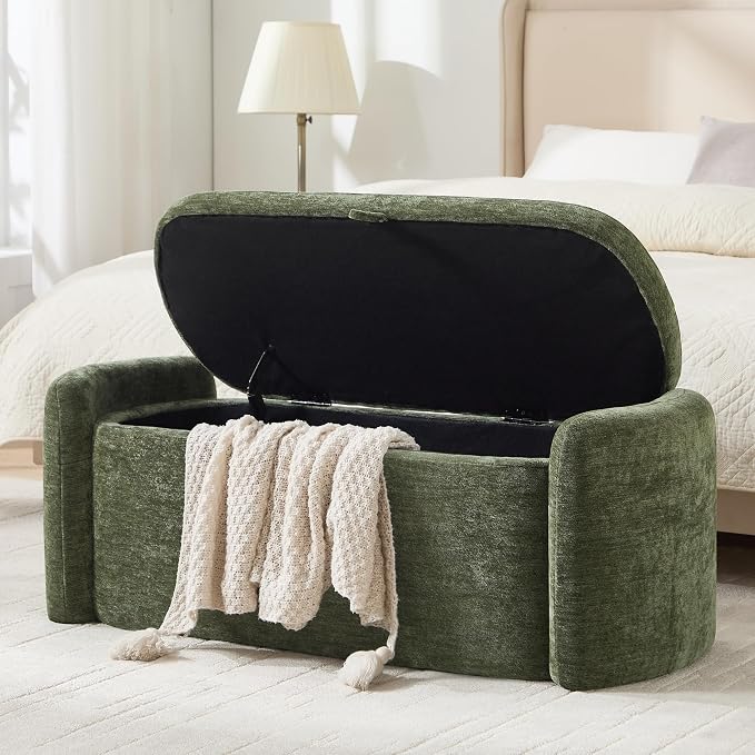 Oval Storage Ottoman Bench, 45" Upholstered Chenille End of Bed Storage Bench, Foot Rest Ottoman with Storage, Bedroom Living Room and Hallway,Green
