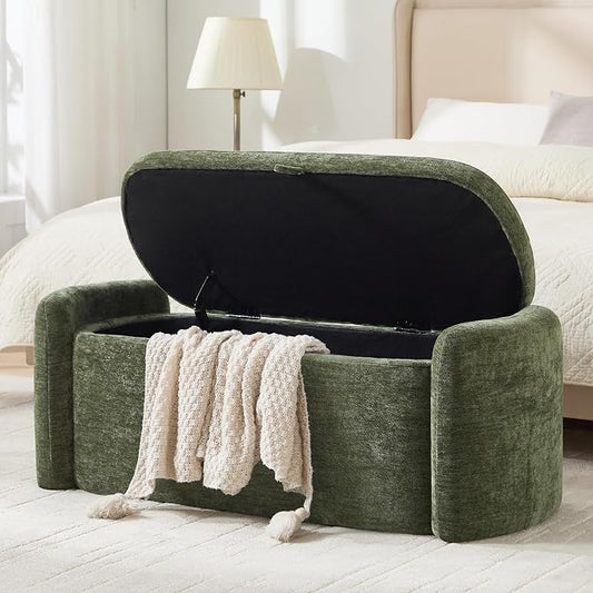 Oval Storage Ottoman Bench, 45" Upholstered Chenille End of Bed Storage Bench, Foot Rest Ottoman with Storage, Bedroom Living Room and Hallway,Green
