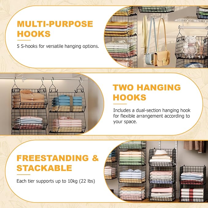 X-cosrack 7 Tier Foldable Hanging Closet Organizer and Storage,Wire Closet Shelving with 4 Large Hooks+ 5 S Hooks,Hanging Basket for Clothes Sweaters Shoes Handbags,Small Closet Organizers