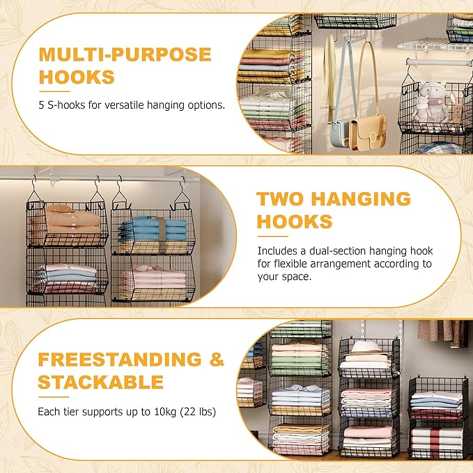 X-cosrack 3-Tier Hanging Closet Organizer, Laundry Room Organization | Space Saving Shelves with 1.65" Hook & 5 S-Hooks | Hanging Wire Baskets (12.4" W x 8.8" H x 10.24-11.8" D)