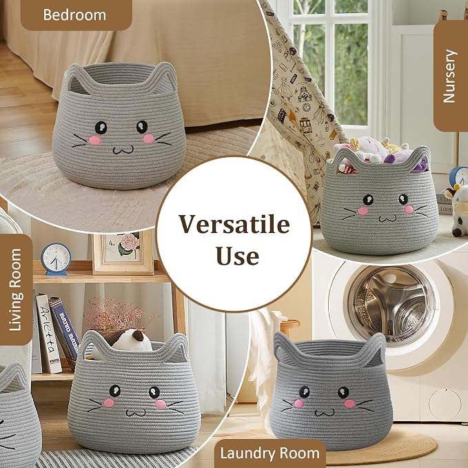 VK VK·LIVING Cat Storage Basket - Large Woven Cotton Rope Toy & Laundry Organizer with Handles for Nursery, Bedroom, Living Room, Holds Blankets, Clothes, Toys (15”D x 14”H)