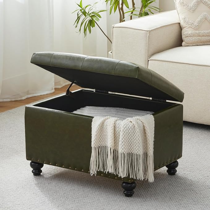 Zihanhome Leather Ottoman with Storage, Upholstered Button Tufted Ottoman Foot Rest, Foot Stools, 24" Rectangle Ottomans with Storage for Living Room, Bedroom, Dorms and Apartments (Green-PU)