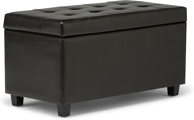SIMPLIHOME Dover 36" Wide Vegan Leather Storage Ottoman in Distressed Black | Tanners brown, transitional storage ottoman with tufting and lift-up lid; rectangle storage bench for living room.