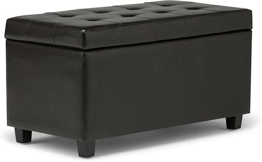 SIMPLIHOME Dover 36" Wide Vegan Leather Storage Ottoman in Distressed Black | Tanners brown, transitional storage ottoman with tufting and lift-up lid; rectangle storage bench for living room.