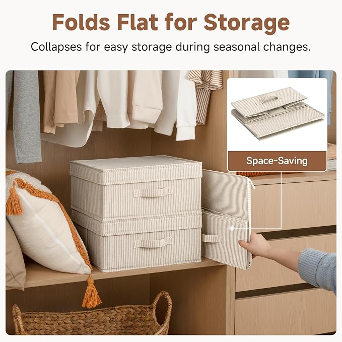 StorageWorks Storage Bins with Lid, Decorative Fabric Storage Bins with Handles, Stackable Closet Organizers for Shelves and Bedroom, Small, Khaki and Beige Stripes, 2-Pack