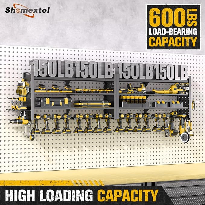 66" W Power Tool Organizer Wall Mount,4-Layer,18 Cordless Drills | Large Tool Storage Rack, Heavy Duty 600 lb Load Capacity for Garage Workshop, Black, Gift for Men