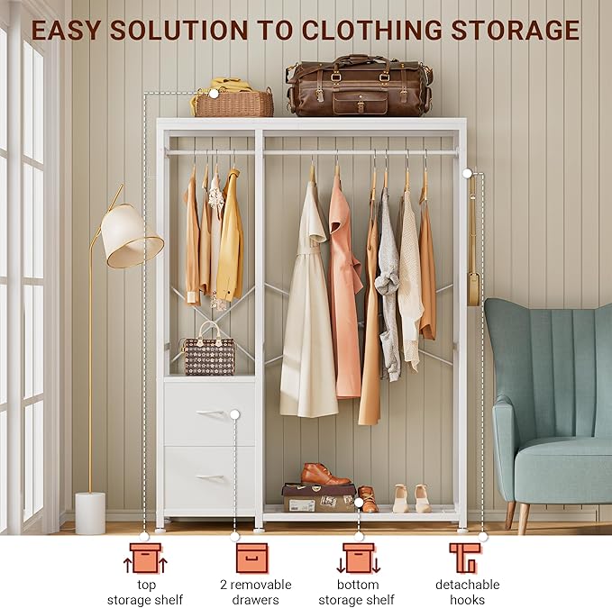 Lulive Clothes Rack with 2 Rods, Shelves, Drawers & Hooks, Garment Rack | Clothes rack with 2 hanging rods (50lbs each), 2 shelves, 2 fabric drawers & 4 hooks. 300lb total capacity. Fits small spaces