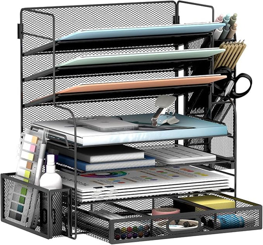 7 Tier Desk File Organizer Office storage Desk Accessories, Desktop Organizer for Office Supplies with Drawer and 2 Pen Holders (Black)