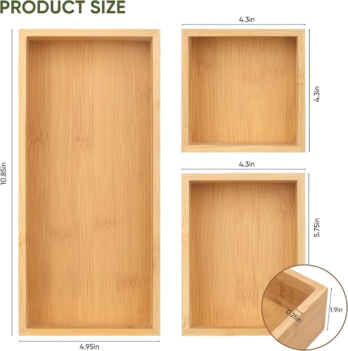 Vincona Bamboo Drawer Organizers Set, 3PCS Multi-Use Wood Storage Organizers, Desk Drawer Tray for Kitchen, Bathroom, Office, Dresser, Bamboo Box Bin for Jewelry, Makeup, Junk, Gadgets