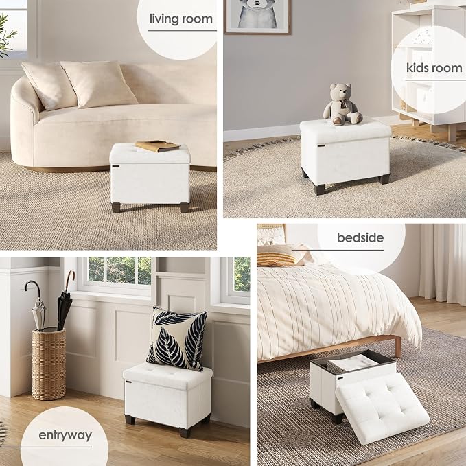 Storage Ottoman Cube with Small Bin, 16-in Square Ottoman with Storage for Living Room and Bedroom, Small Ottomans Foot Rest, Velvet Foot Stools Ottomans Max 330lbs, Cream