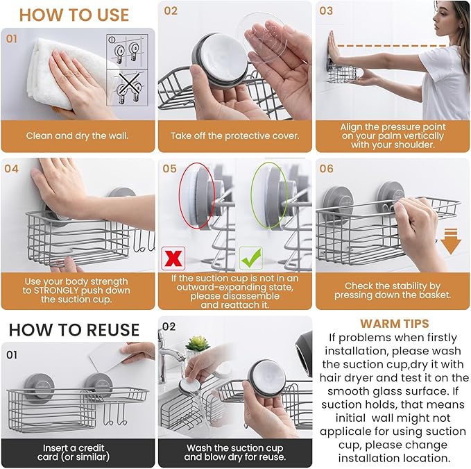 LEVERLOC Shower Caddy Suction Cup, 2 Pack Shelves for Inside with Hooks | Grey Shower Storage, Soap Holder, Shampoo Holder, NO Drill Shower Holder, Rustproof Meatl Bathroom Basket