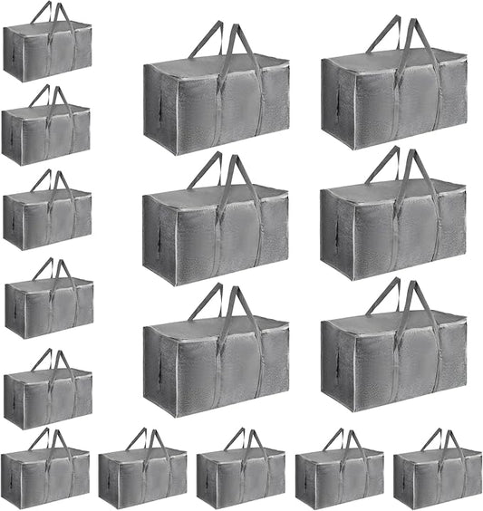 16 Pack-Extra Large Heavy Duty Moving Bags - Waterproof Storage Totes with Handles & Zippers, Foldable for College Dorm, Storage (Gray)