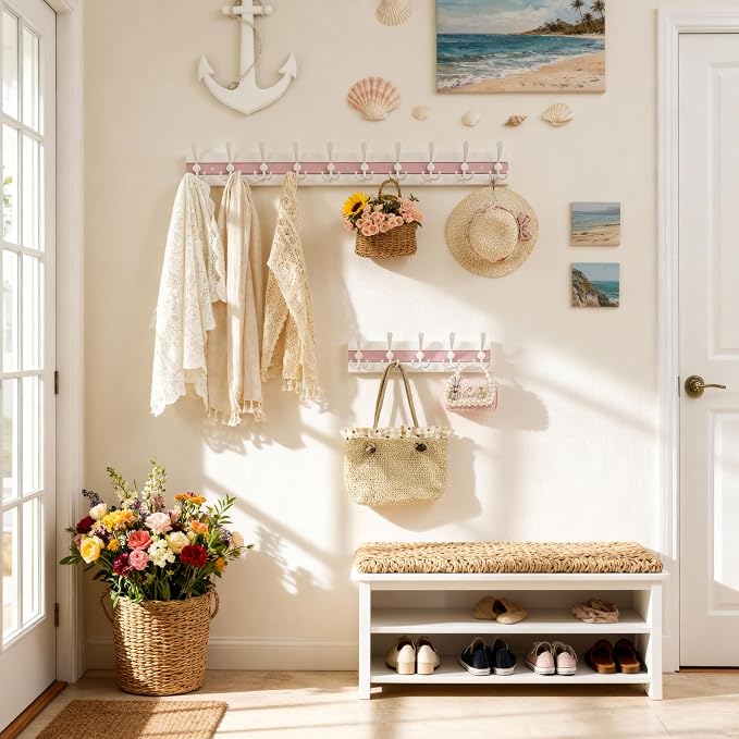 SKOLOO Coastal Wall Mounted Coat Rack-16.88" Beach House Entryway Wooden Coat Hook with 5 Hooks for Hanging Coats, Hats or Towels, Oceanfront Cottage Core Collection, White&Palm Beach Pink, Pack of 2