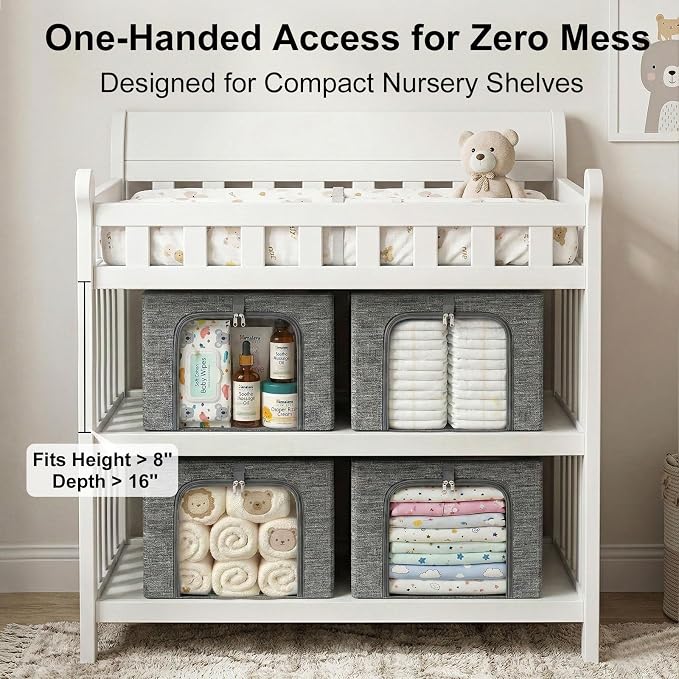 GoMaihe Baby Clothes Storage Bins with Metal Frame 27L 6-Pack Grey | Kids Toddler Child Clothing & Towels Small Items, Closet Top Shelf Boxes, Collapse-Proof Stackable, Clear Window Dual Access