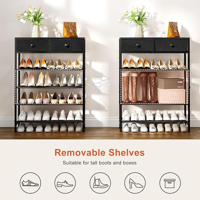 5 Tier Shoe Rack with Drawers, Metal & Wood Shelf Black | Holds 16-20 pairs. Fabric shelves prevent dust. Drawers for small items. 20-min assembly with clear guide.