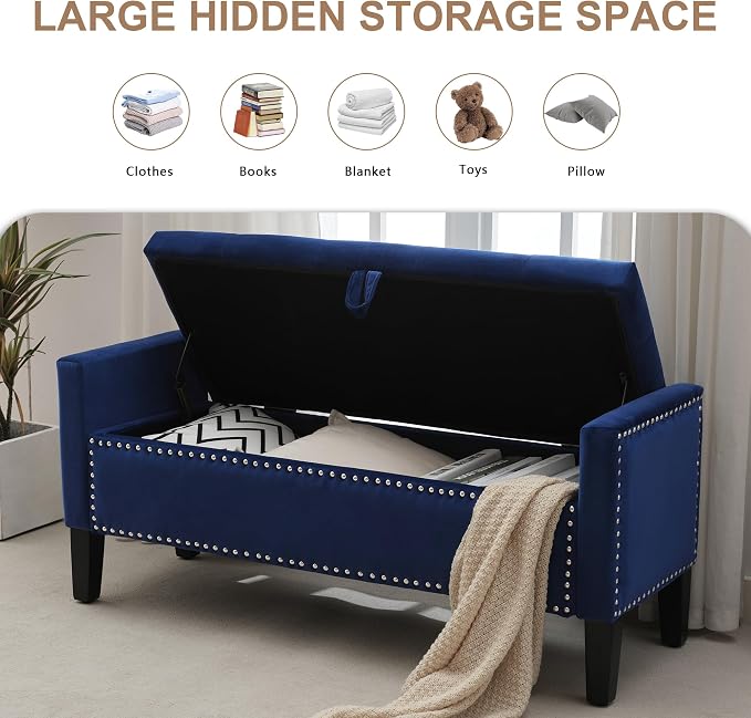 Velvet Storage Ottoman Bench, 46'' Upholstered Button Tufted End of Bed Bench, Modern Entryway Ottoman Bench with Arms, Blue