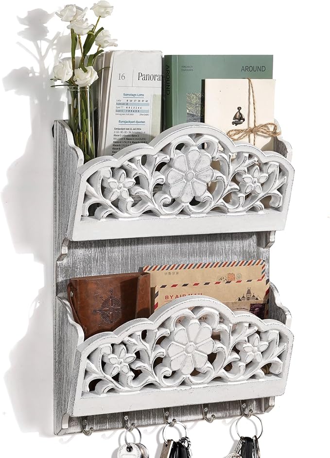 Key and Mail Holder for Wall, 2-Slot Mail Organizer Wall Mount 5 Key Hooks | Retro Hollowed-out Pattern Wooden Key Hangers Wall File Organizer Letter Sorter, Key Rack for Entryway Home Decor Extra Wide