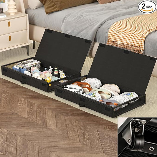 Fokyfok 2 Pack Under Bed Storage with Wheels 4.5 inch Height | Metal Frame,Lid,Rolling Slim Under Bed Drawers for Shoes,Clothes and Toys,Shallow Underbed Storage,Under Couch Storage,Black