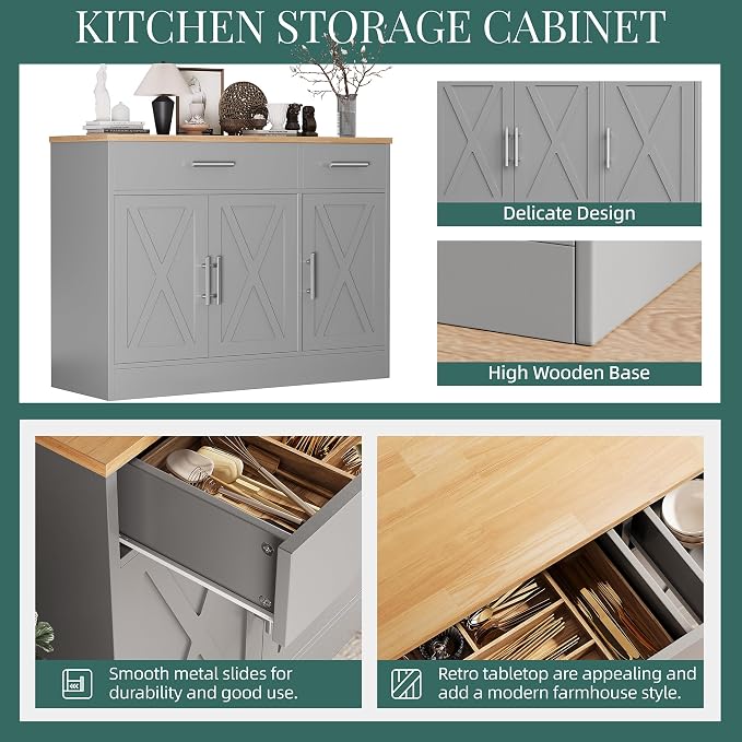Shintenchi Modern Farmhouse Sideboard Buffet Cabinet with Storage with 3 Doors,42" Barn Doors Buffet Cabinet with Storage,Wood Coffee Bar Cabinets with Adjustable Shelf for Kitchen,Living Room,Grey