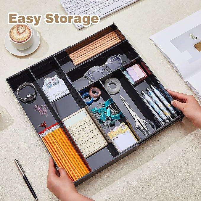 Briwooody Black Acrylic Drawer Organizer Expandable,7 Compartments,Large | 9'' up to 18'' x 12'' x 2.1'' Desk Drawer Organizer Trays Adjustable with Desk Accessories for Makeup Office Bathroom