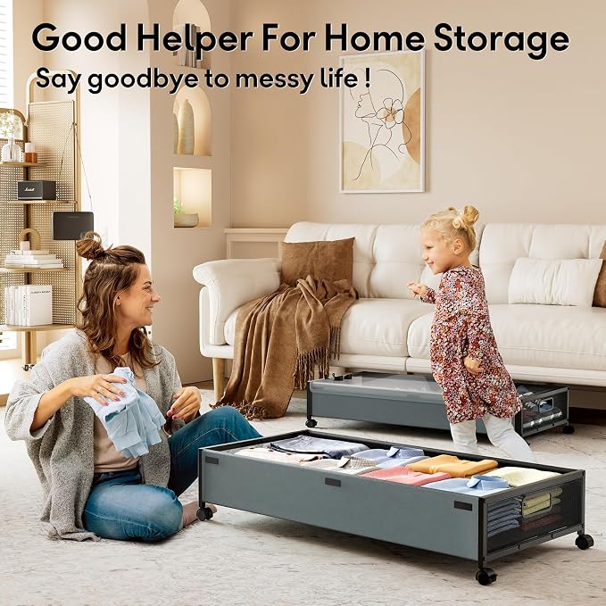 Under Bed Storage Containers with Wheels 2 Pack Underbed Shoe Storage Bedroom Storage Bins Organizer Large Capacity Under Bed Storage with Lid for Clothes Shoes Toys Blankets (Cyan-gray)
