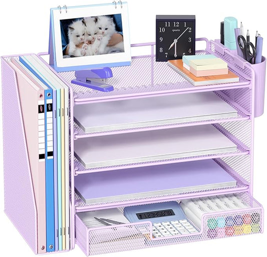 OPNICE Desk Organizer, 5-Tier Desktop File Organizer with Drawer and Pen Holders, Office Desk Accessories, File Sorters, Workspace Organizers for Office Supplies(Purple)