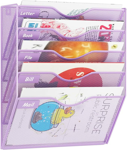 5 Pockets Hanging Wall File Organizer Mail Holder, Wall Mounted Paper Document Folder Holder, Clipboard Storage Organization Magazine Rack, Light Purple