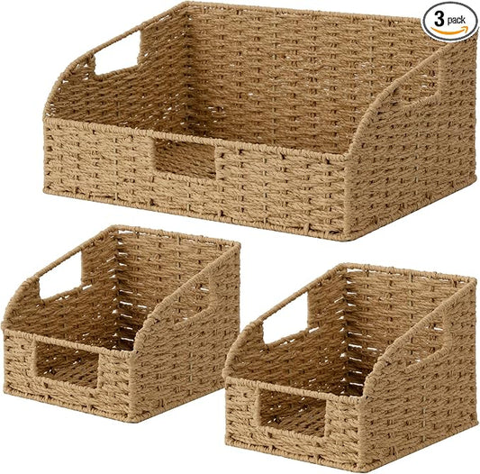 StorageWorks Paper Rope Pantry Storage Baskets, Wicker Baskets with Built-in Handles, Handwoven Shelf Baskets for Organizing, Pantry Organizers and Storage, Natural, 3 Pack