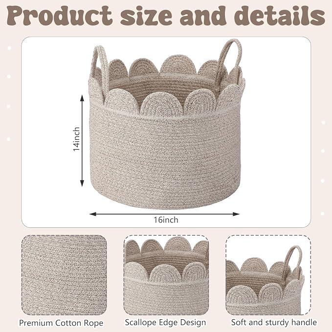 LemonRoad Brown Variegated Round Basket Large Blanket Basket 16" x 14" Scalloped Woven Baskets Cotton Storage Baskets for Nursery Classroom Closet Blankets Storage Home Decor