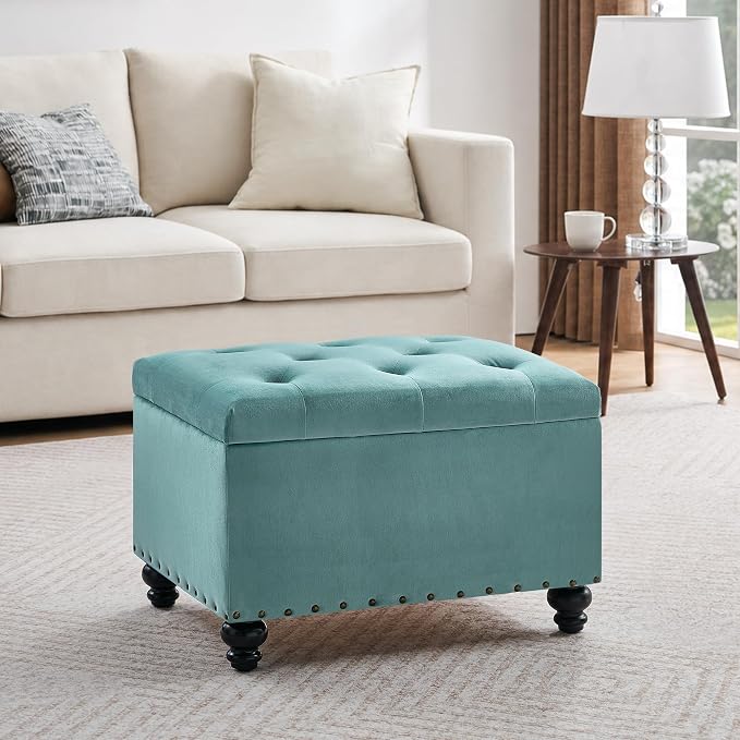 Zihanhome Velvet Storage Ottoman Bench, Button Tufted Ottoman with Hidden Storage, Upholstered Foot Rest Stool with Solid Wood Legs for Living Room, Bedroom, Entryway & Small Spaces (Mint Blue)
