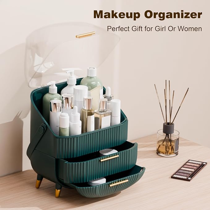lurcns Makeup Organizers and Storage Make up Organizer for Vanity Cosmetics Skincare With Lid and Drawers Display Cases for Countertop Bathroom Women Teenager Girl Gifts(Dark Green)