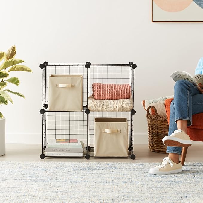 Amazon Basics 4 Cube Wire Grid Storage Organizer, Closet Organizer and Shelves, Stackable, Space-Saving, Easy to Assemble, 14"x14"x14", Black