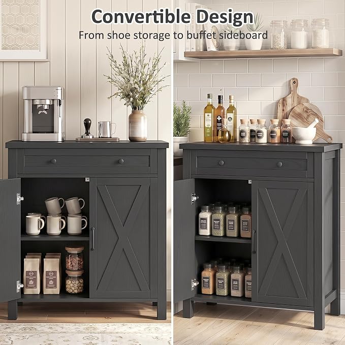 Farmhouse Shoe Storage Cabinet, 5-Tier High Boots Organizer with Adjustable Shelves, Large Drawer & Barn Doors, Entryway Shoe Rack for Hallway Living Room, Black