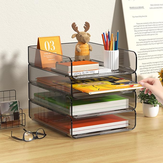FANXIYQ 4-Tier Acrylic Paper Tray Organizer, Brown Office Paper Organizer | Stackable, Tool-Free Design with 2-4 Tiers for A4 Paper, Files, Books and Mail; Ideal for School, Home Office and Study Room