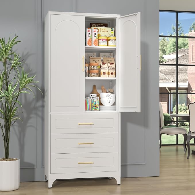 SteeLoong 75”Kitchen Pantry Cabinet, Metal Storage Cabinet with 3 Drawers | White Pantry Cabinets for Kitchen Storage with 2 Adjustable Shelves,Tall Freestanding Cupboard for Living Room,Kitchen,Garage