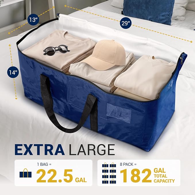 Reli. Moving Bags Heavy Duty (8 Pack) Blue, Extra Large Totes for Storage | for Storage & Packing | Small Space & Dorm Room Essentials | Packing Bags with Handles & Zippers | Alterative to Moving Boxes