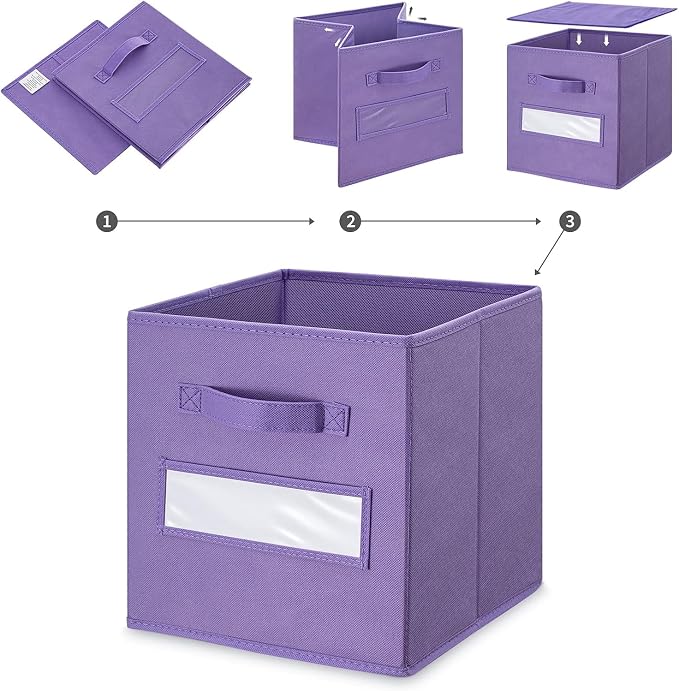 Fabric storage cubes (Set of 8) 11 Inch Cube Storage Bin, Cube storage with 8 Labels Window Cards & a Pen, Foldable cube organizer bins,11x11 Storage bin, Cubby Organizer Boxes, Purple