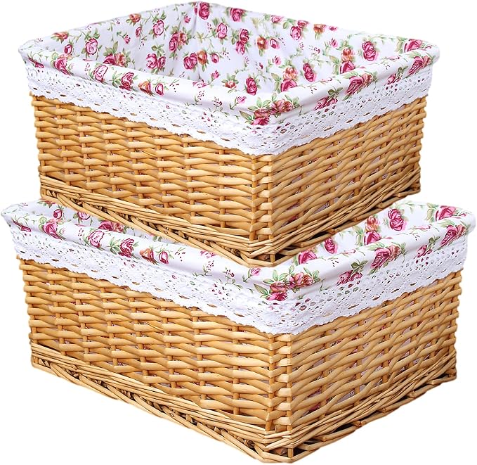 rismart Handmade Wicker Storage Baskets Woven Decorative Organizing Bins for Bedroom Bathroom Shelf Gold