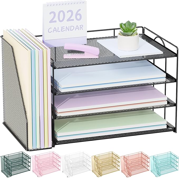 Spacrea 4-Tier Paper Organizer for Desk with File Organizer | Desk Organizers and Accessories Desk Accessories & Workspace Organizers for Office Supplies (Black)