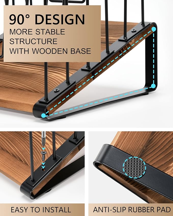 HULISEN Inclined Desk File Organizer, 5-Section Desktop File Folder Holder | Visible Tiered Design, Metal Rack with Wood Base, Vertical Storage for Binders Documents & Magazines, Classroom Office Use