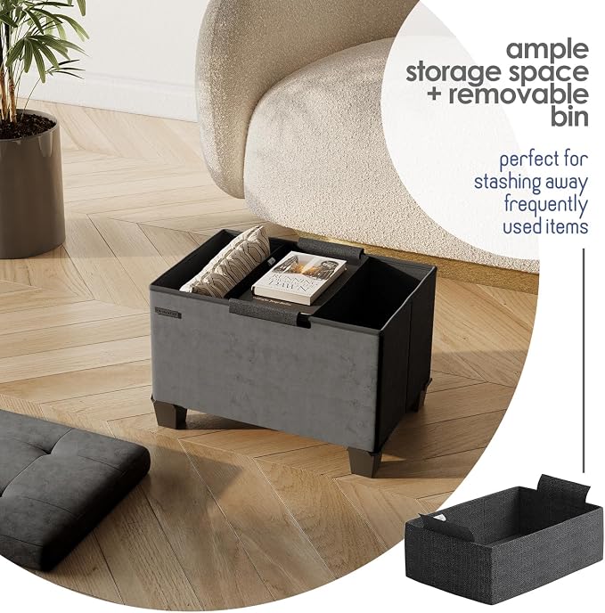 Storage Ottoman Cube with Small Bin, 16-in Square Ottoman with Storage for Living Room and Bedroom, Small Ottomans Foot Rest, Velvet Foot Stools Ottomans Max 330lbs, Grey