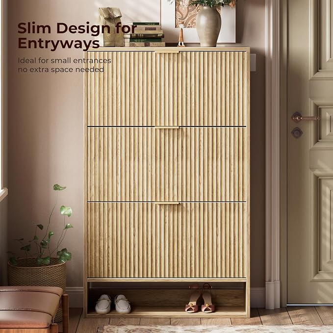 Evermagin 31.5''W Oak Shoe Cabinet Storage for Entryway, Fluted Slim Shoe Dresser with 3 Flip Drawers, Narrow Shoe Rack Cabinet, Hidden Shoe Organizer Cabinet for Entrance, Hallway