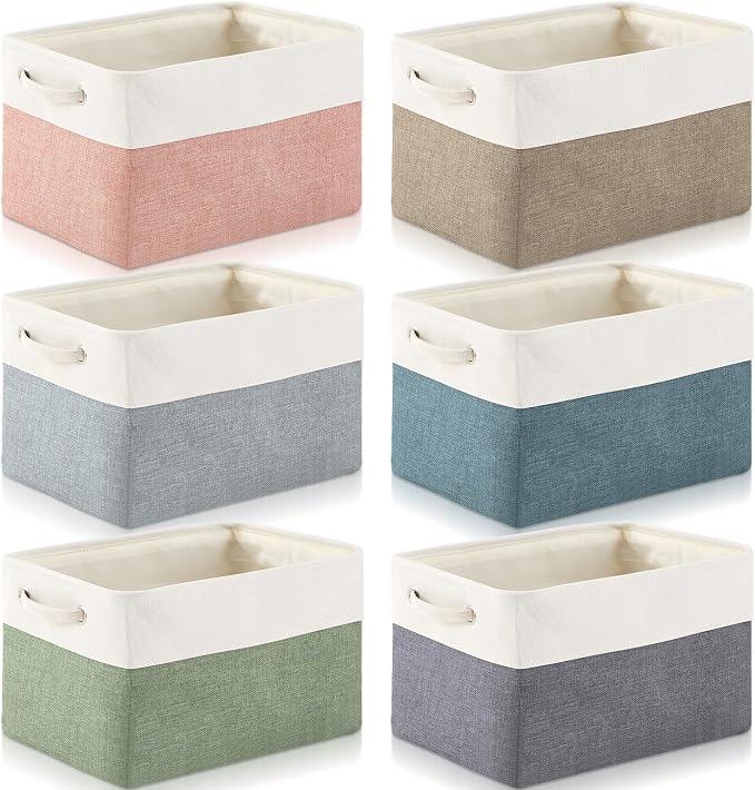 Geiserailie 6 Pcs 15 x 11 x 9.5 Inch Cube Storage Bins Fabric Storage Organizer Bins Foldable Cube Baskets with Sturdy Carry Handles Wicker Baskets for Home (Morandi Colors)