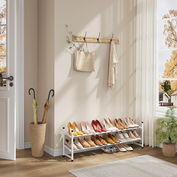 Expandable Shoe Rack for Closet 2 Tier, 28“-41“Stackable, White | Adjustable Shoe Organizer Closet Shoe Rack Floor, Metal Shoe Shelf Storage for Entryway, Closet, Garage, Front Door Entrance