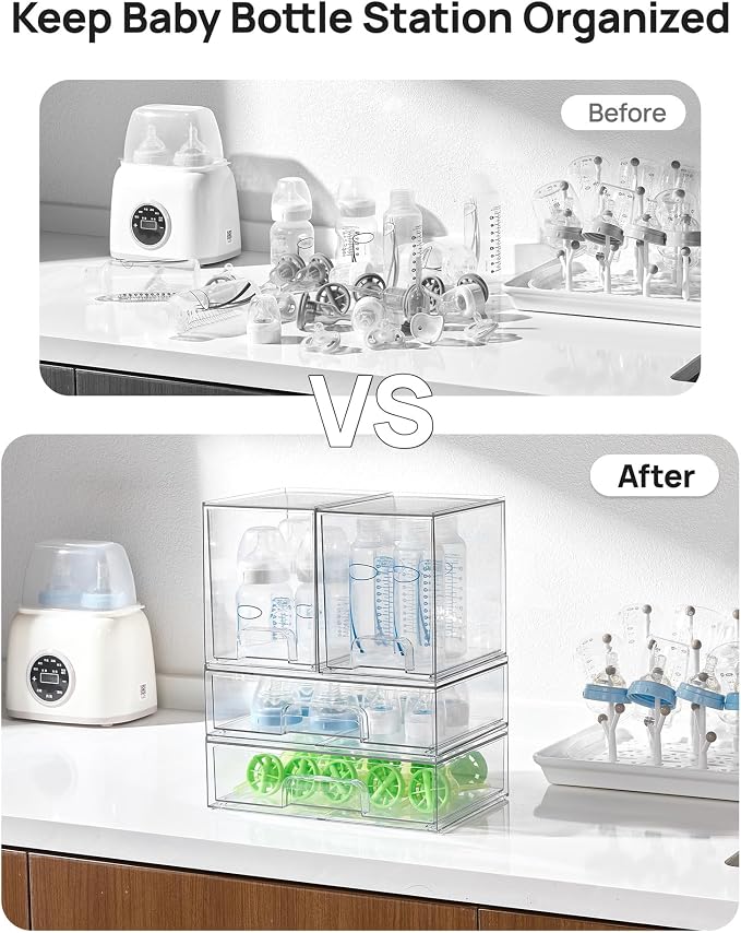 Vtopmart Clear Stackable Storage Drawers Set of 4, Plastic Organizer Bins for Makeup, Cosmetics, Beauty Supplies,Ideal for Vanity, Bathroom,Cabinet,Pantry Organization
