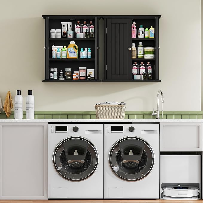 ChooChoo Bathroom Wall Cabinet with 2 Doors, Over The Toilet | 8.8"D x 21.1"W x 24"H, Medicine Cabinet, Adjustable Shelves, Cupboard, Black
