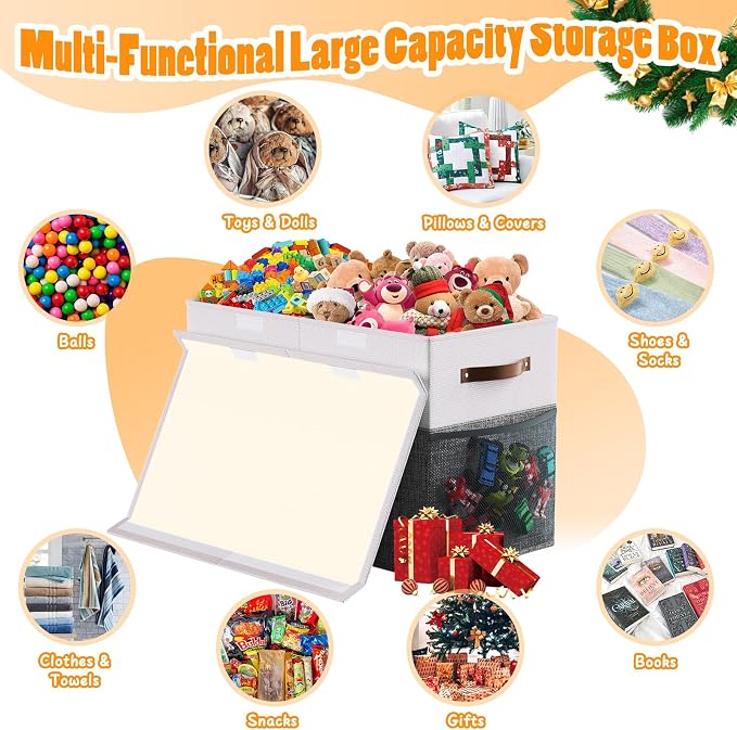 Large Toy Storage Box with Lid & Dividers, Kids Toy Chest, Gray and White | Toy Box for Boys, Girls, Nursery, Bedroom, Living Room, Playroom, 25 x 13 x 16 inches